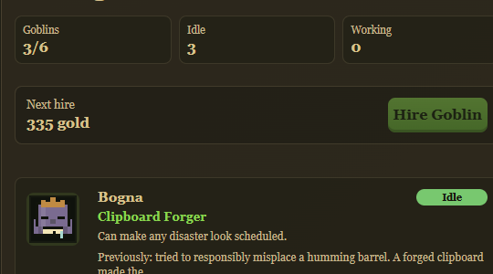 Cargo Cretins goblin roster showing Bogna, clipboard forger and logistics problem.